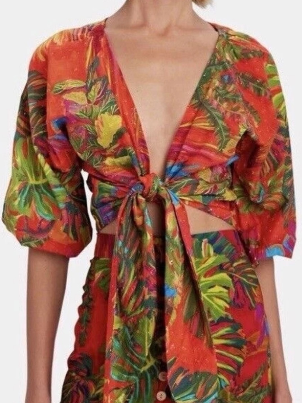 Farm Rio Urban Jungle Tie Front Top XS NWT Tropical Puff Sleeve Crop - Picture 9 of 10